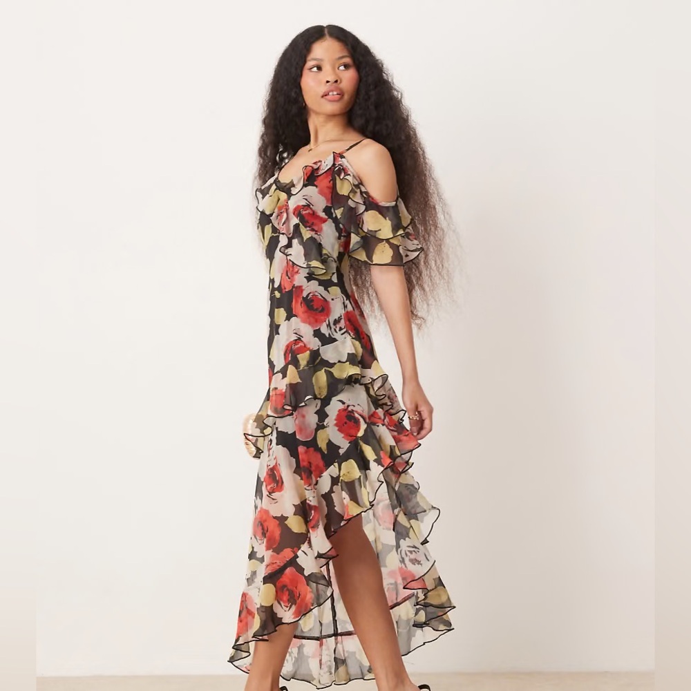 Miss Selfridge Black Floral High-Low Cold Shoulder Maxi Dress